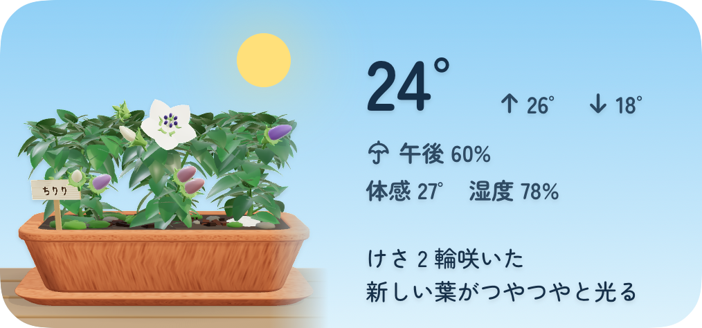 A medium widget with the planter under a sunny sky, beside the temperature, the afternoon rain chance and two lines of text
