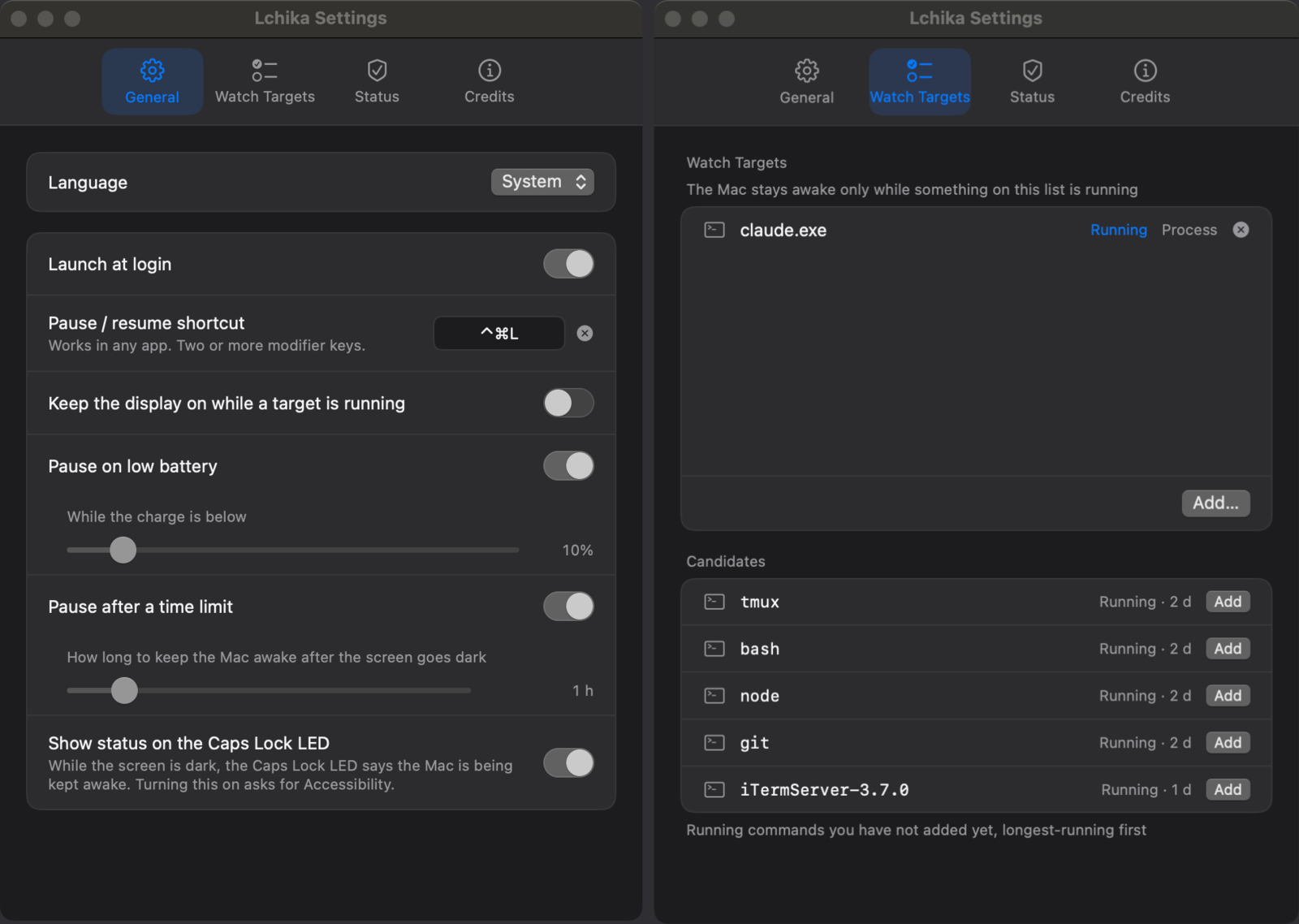 Lchika's settings window — the General tab's switches beside the Watch Targets tab with its list and candidates