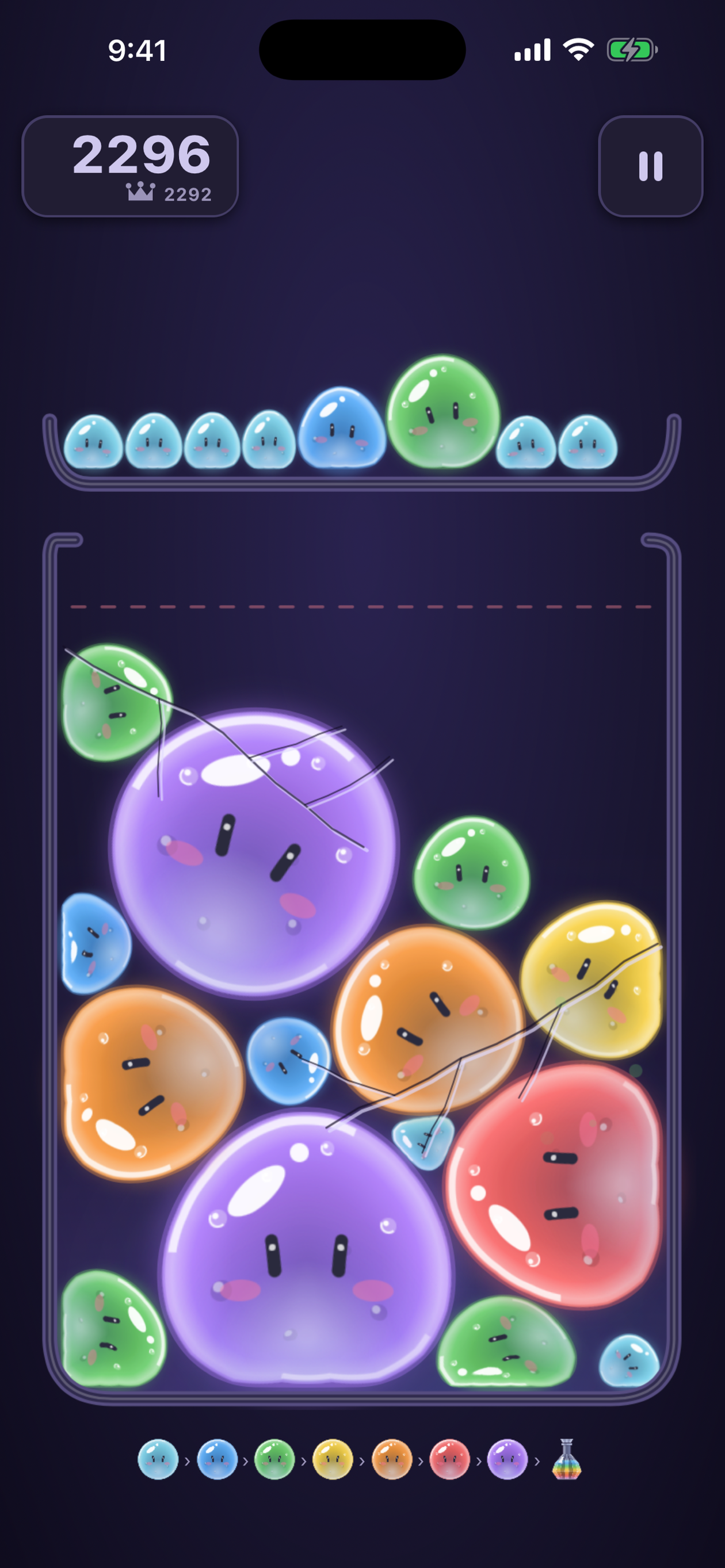 Slimes piled over the MAX line, with cracks running across the glass