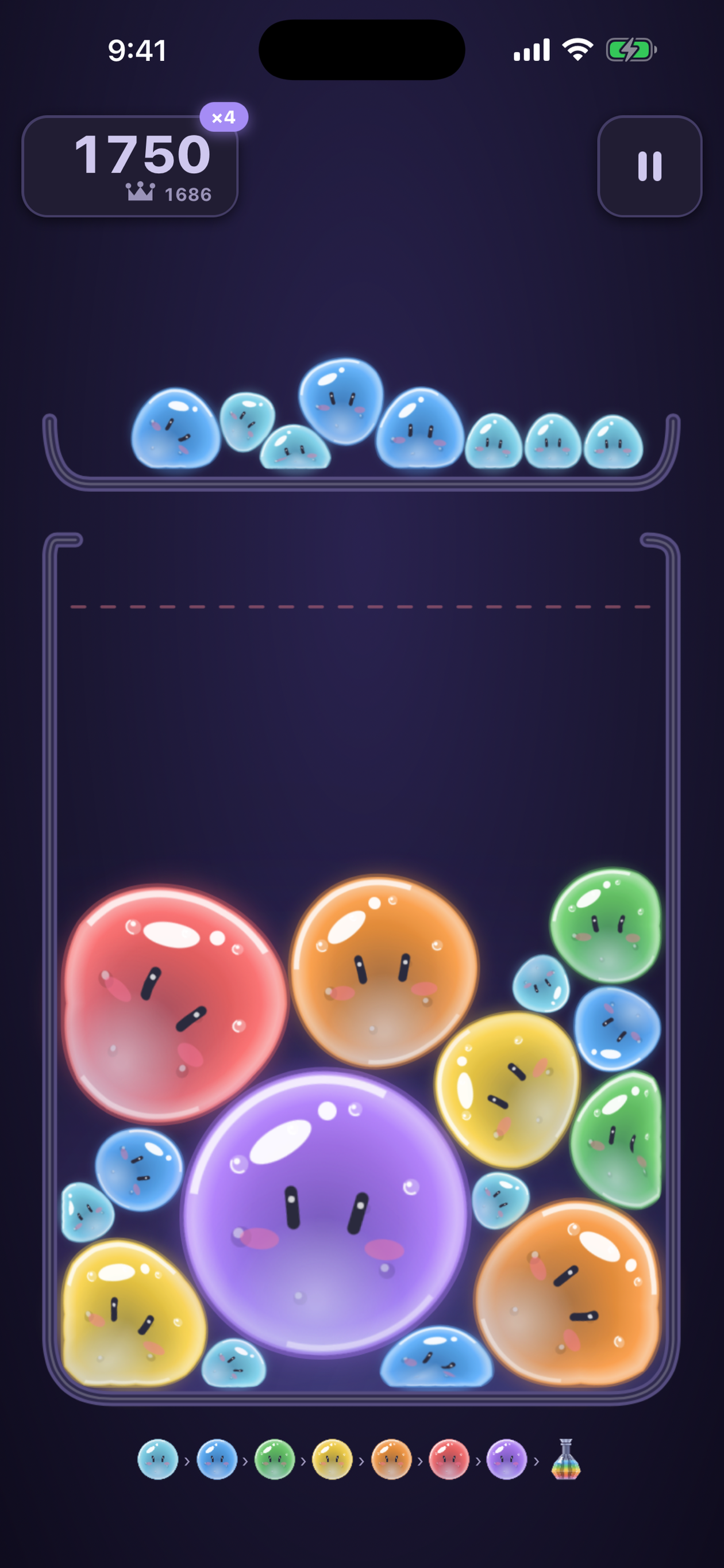 Slimes of different sizes piled at the bottom of the beaker
