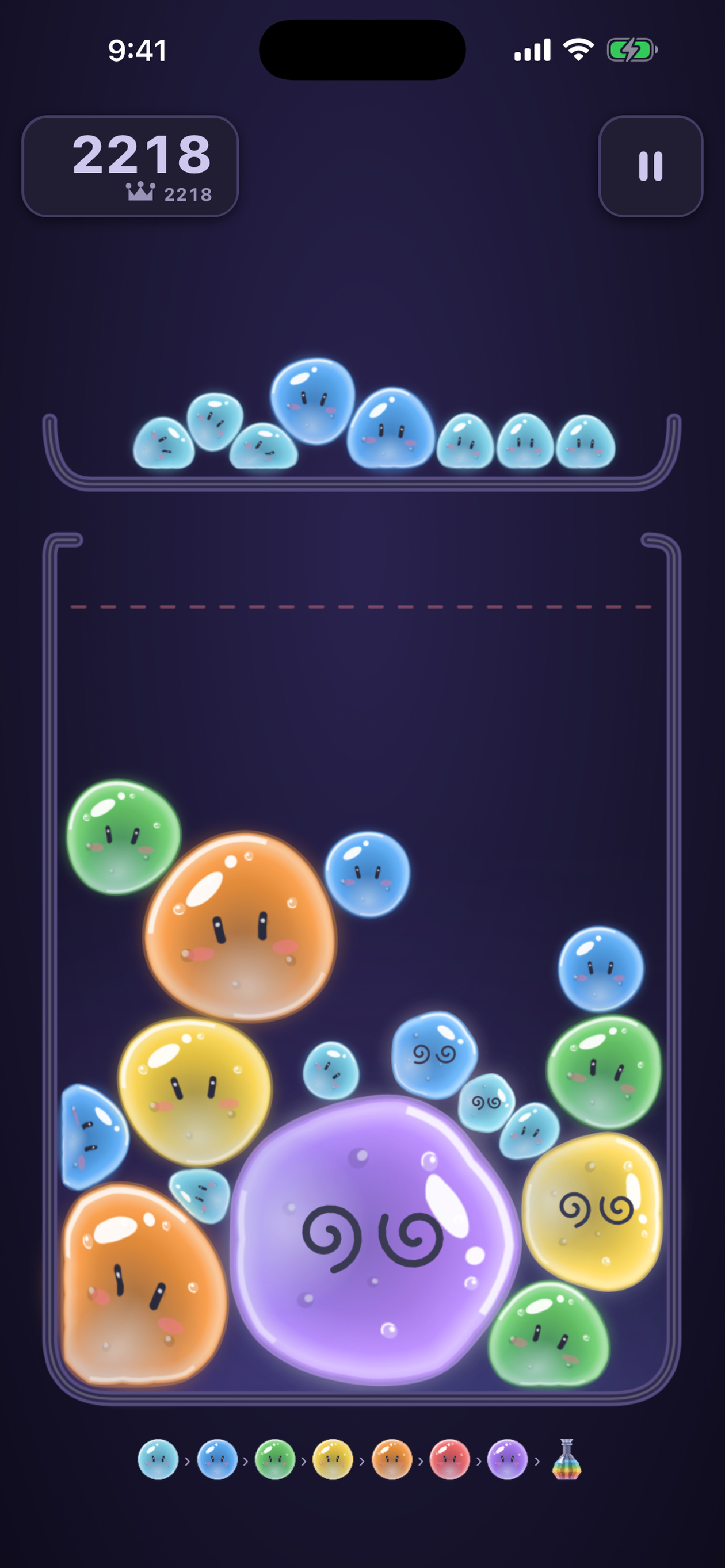 Two purple slimes melting together with spinning eyes