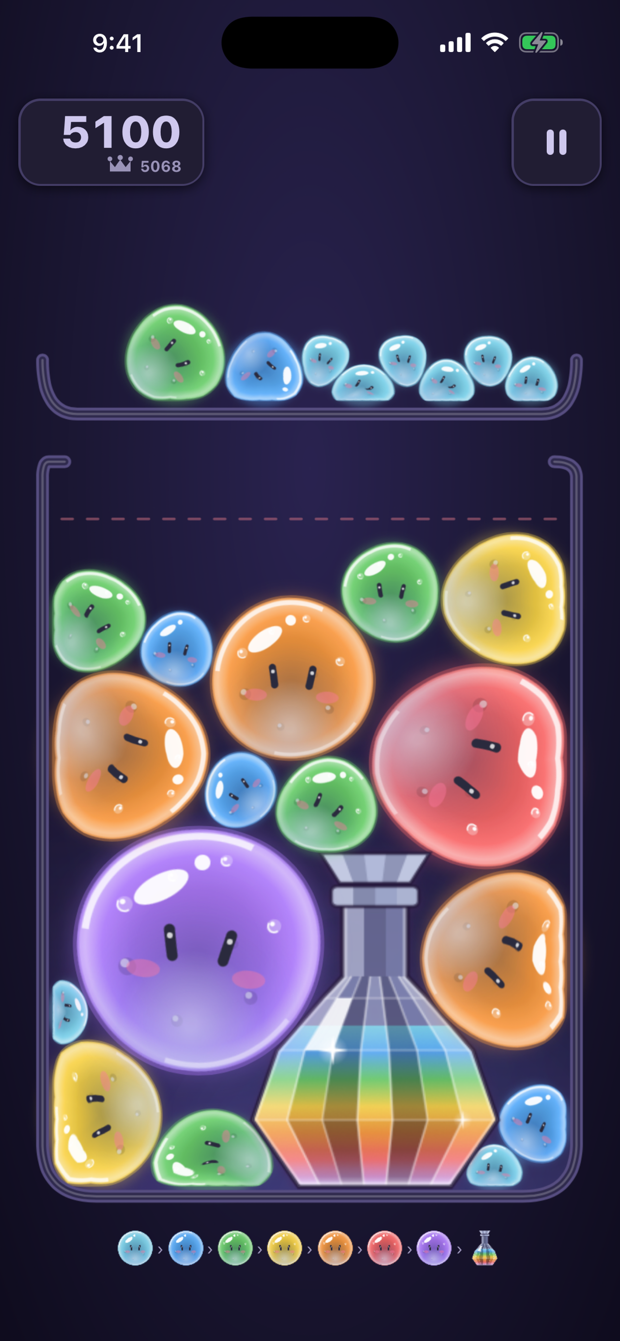 A rainbow potion bottle standing among the slimes